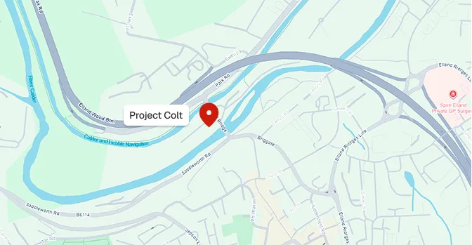 Map showing Project Colt in Elland, beside the River Calder